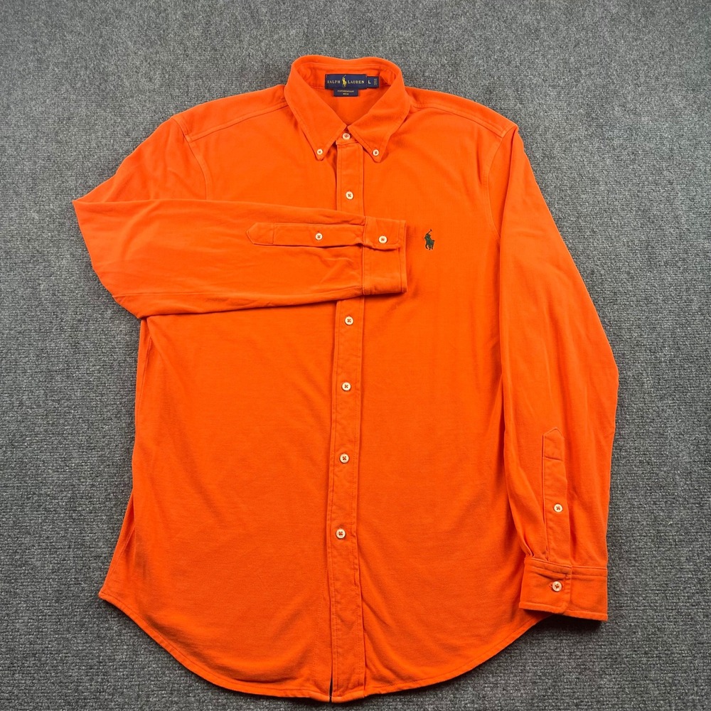 Ralph Lauren Featherweight Mesh Shirt Mens Large Orange Long Sleeve Button Down